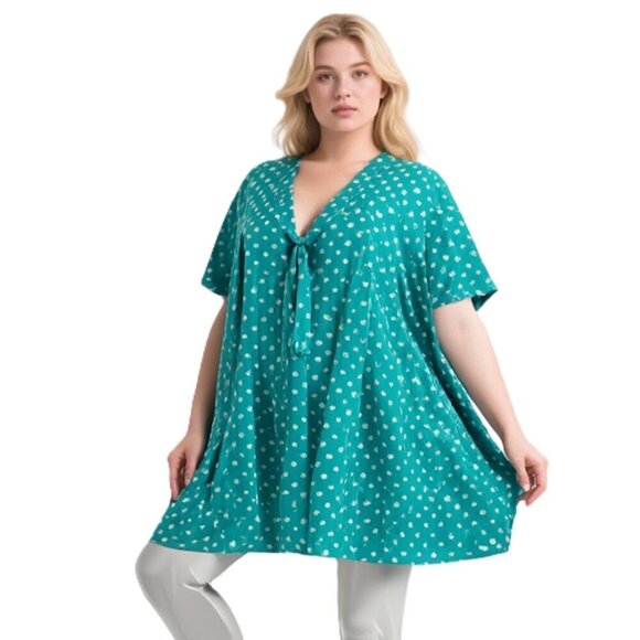 Roaman's Womens Turquiose, White, Polka Dot Button Up Tunic Blouse Size 30W - Picture 1 of 12